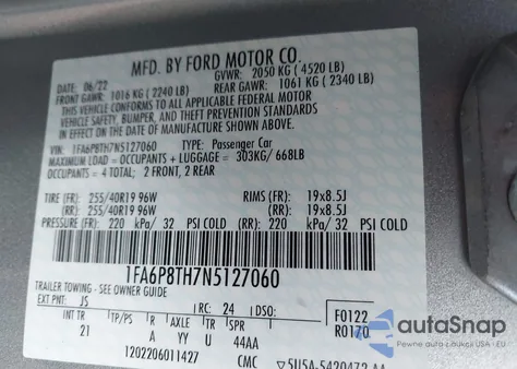 2022 Ford Mustang Ecoboost Fastback z USA, uszkodzony, nr VIN 1FA6P8TH7N5127060